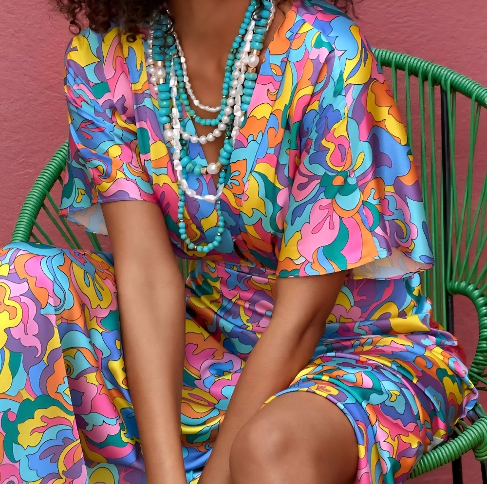 Boston Proper Abstract Sol Print V Neck Colorful Floral Maxi Dress. M